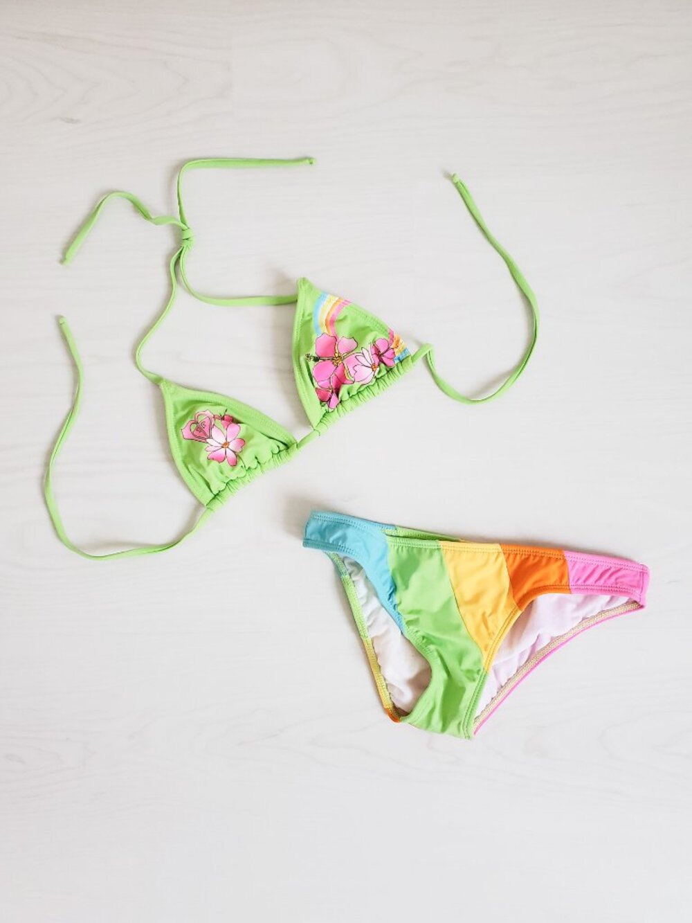 Y2K Roxy Women's Bright Colored Bikini Triangle Top and Striped Bottoms Medium